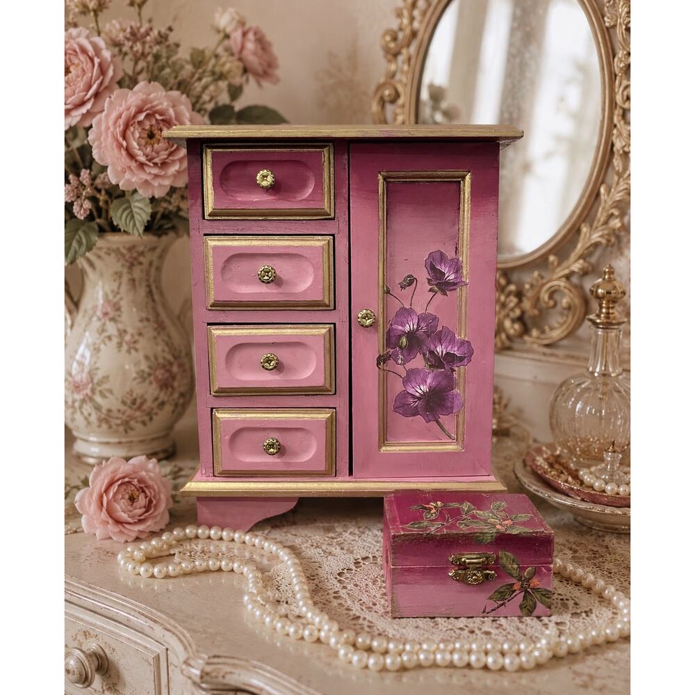 Upcycled Vintage Wooden Jewelry Box | Hand-Painted Dusty Pink & Maroon Ombre